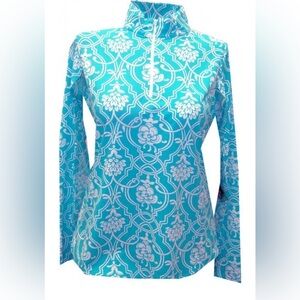 IBKUL Women's Large Kira Top Turquoise Long Sleeve Mock Neck Pickleball Golf UPF